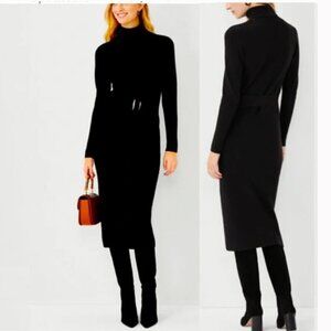 Ann Taylor Black Ribbed Knit Turtleneck Dress Small fit Long Sleeve Stretch Midi